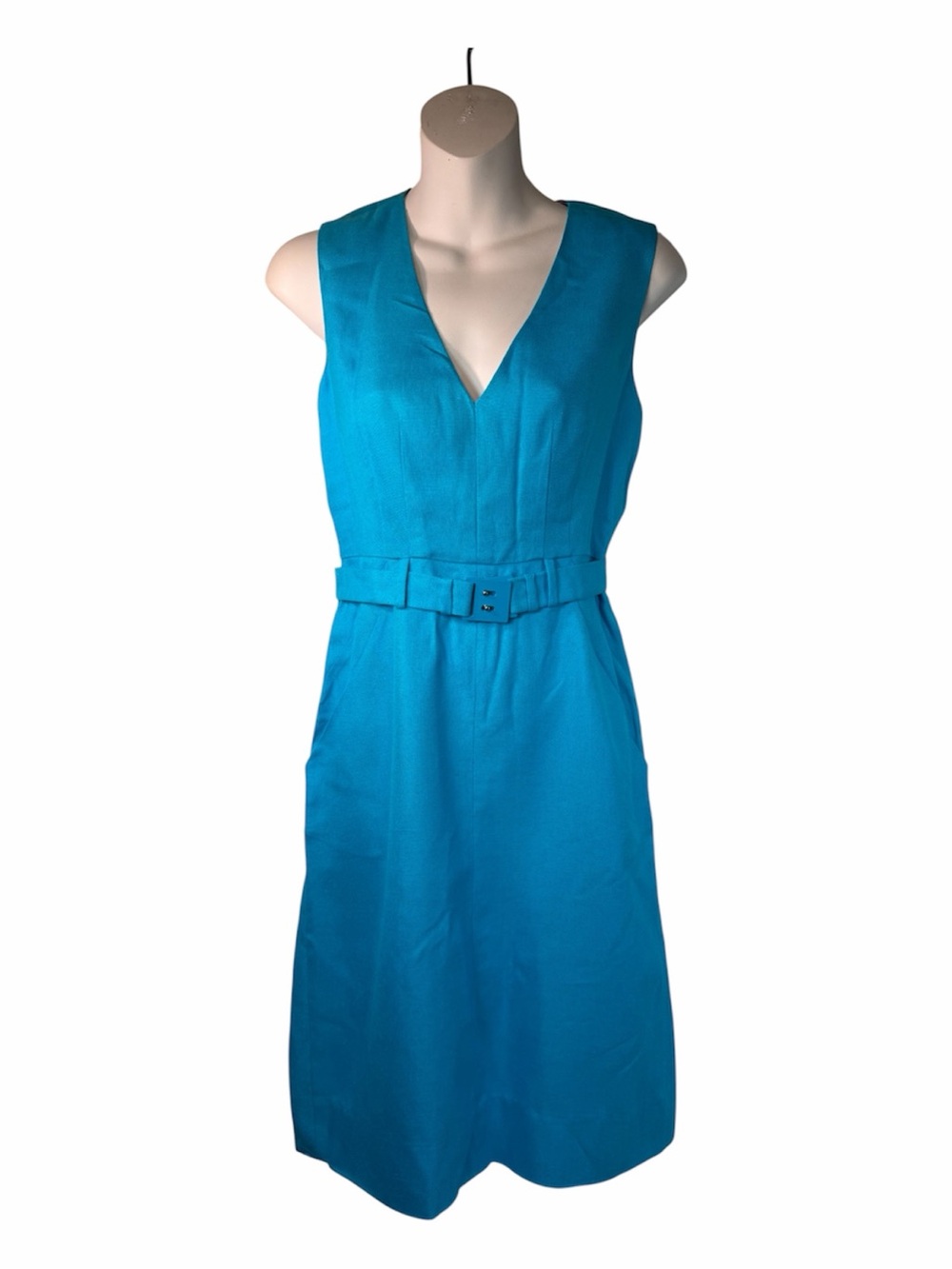 DVF Diane von Furstenberg Turquoise Blue Sleeveless Sheath Dress Pockets Belted